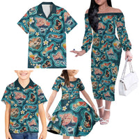 Hawaiian and Japanese Culture Together Family Matching Off The Shoulder Long Sleeve Dress and Hawaiian Shirt Hawaiian Island Shapes with Japanese Landscape Teal Color LT03 - Polynesian Pride
