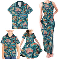 Hawaiian and Japanese Culture Together Family Matching Tank Maxi Dress and Hawaiian Shirt Hawaiian Island Shapes with Japanese Landscape Teal Color LT03 - Polynesian Pride