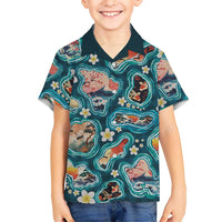 Hawaiian and Japanese Culture Together Family Matching Tank Maxi Dress and Hawaiian Shirt Hawaiian Island Shapes with Japanese Landscape Teal Color LT03 Son's Shirt Teal - Polynesian Pride