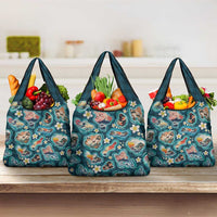 Hawaiian and Japanese Culture Together Grocery Bag Hawaiian Island Shapes with Japanese Landscape Teal Color LT03 3-pack One Size Teal - Polynesian Pride