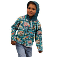 Hawaiian and Japanese Culture Together Kid Hoodie Hawaiian Island Shapes with Japanese Landscape Teal Color LT03 - Polynesian Pride
