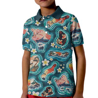 Hawaiian and Japanese Culture Together Kid Polo Shirt Hawaiian Island Shapes with Japanese Landscape Teal Color LT03 Kid Teal - Polynesian Pride