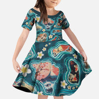 Hawaiian and Japanese Culture Together Kid Short Sleeve Dress Hawaiian Island Shapes with Japanese Landscape Teal Color LT03 KID Teal - Polynesian Pride