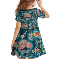 Hawaiian and Japanese Culture Together Kid Short Sleeve Dress Hawaiian Island Shapes with Japanese Landscape Teal Color LT03 - Polynesian Pride
