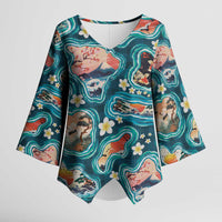 Hawaiian and Japanese Culture Together Kimono Sleeve Blouse Hawaiian Island Shapes with Japanese Landscape Teal Color LT03 Female Teal - Polynesian Pride