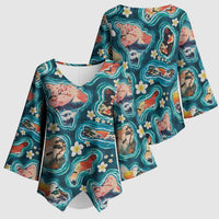 Hawaiian and Japanese Culture Together Kimono Sleeve Blouse Hawaiian Island Shapes with Japanese Landscape Teal Color LT03 - Polynesian Pride
