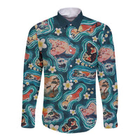 Hawaiian and Japanese Culture Together Long Sleeve Button Shirt Hawaiian Island Shapes with Japanese Landscape Teal Color LT03 Unisex Teal - Polynesian Pride