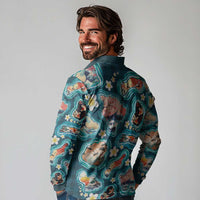 Hawaiian and Japanese Culture Together Long Sleeve Polo Shirt Hawaiian Island Shapes with Japanese Landscape Teal Color LT03 - Polynesian Pride