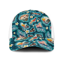 Hawaiian and Japanese Culture Together Mesh Trucker Cap Hawaiian Island Shapes with Japanese Landscape Teal Color LT03 One Size White Teal - Polynesian Pride