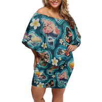 Hawaiian and Japanese Culture Together Off Shoulder Short Dress Hawaiian Island Shapes with Japanese Landscape Teal Color LT03 Women Teal - Polynesian Pride