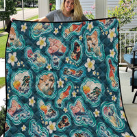 Hawaiian and Japanese Culture Together Quilt Hawaiian Island Shapes with Japanese Landscape Teal Color LT03 Teal - Polynesian Pride