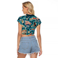Hawaiian and Japanese Culture Together Raglan Cropped T Shirt Hawaiian Island Shapes with Japanese Landscape Teal Color LT03 - Polynesian Pride