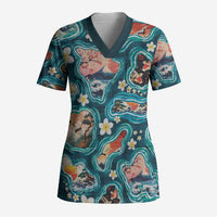 Hawaiian and Japanese Culture Together Scrub Top Hawaiian Island Shapes with Japanese Landscape Teal Color LT03 Adult Teal - Polynesian Pride