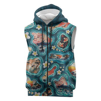 Hawaiian and Japanese Culture Together Sleeveless Zip Hoodie Hawaiian Island Shapes with Japanese Landscape Teal Color LT03 Teal - Polynesian Pride