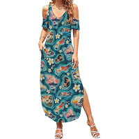 Hawaiian and Japanese Culture Together Summer Maxi Dress Hawaiian Island Shapes with Japanese Landscape Teal Color LT03 Women Teal - Polynesian Pride