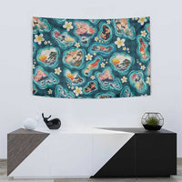 Hawaiian and Japanese Culture Together Tapestry Hawaiian Island Shapes with Japanese Landscape Teal Color LT03 - Polynesian Pride