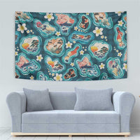Hawaiian and Japanese Culture Together Tapestry Hawaiian Island Shapes with Japanese Landscape Teal Color LT03 - Polynesian Pride