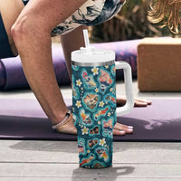Hawaiian and Japanese Culture Together Tumbler With Handle Hawaiian Island Shapes with Japanese Landscape Teal Color LT03 - Polynesian Pride