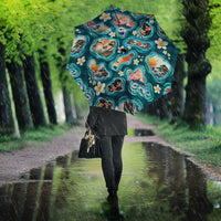 Hawaiian and Japanese Culture Together Umbrella Hawaiian Island Shapes with Japanese Landscape Teal Color LT03 - Polynesian Pride