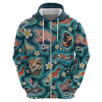 Hawaiian and Japanese Culture Together Zip Hoodie Hawaiian Island Shapes with Japanese Landscape Teal Color LT03 - Polynesian Pride