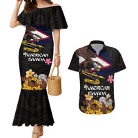 American Samoa Fue and Kava Bowl Couples Matching Mermaid Dress and Hawaiian Shirt Plumeria and Polynesian Pattern LT03 Black - Polynesian Pride