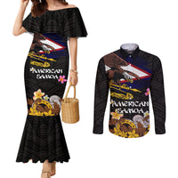 American Samoa Fue and Kava Bowl Couples Matching Mermaid Dress and Long Sleeve Button Shirt Plumeria and Polynesian Pattern