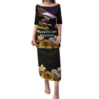 American Samoa Fue and Kava Bowl Family Matching Puletasi and Hawaiian Shirt Plumeria and Polynesian Pattern LT03 Mom's Dress Black - Polynesian Pride