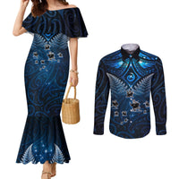 New Zealand Matariki Couples Matching Mermaid Dress and Long Sleeve Button Shirt Maori Pattern and Kiwi Bird Haka Dance Sky Night LT03 Blue - Polynesian Pride