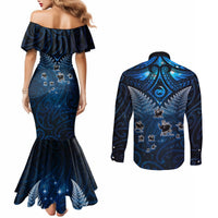 New Zealand Matariki Couples Matching Mermaid Dress and Long Sleeve Button Shirt Maori Pattern and Kiwi Bird Haka Dance Sky Night LT03 - Polynesian Pride