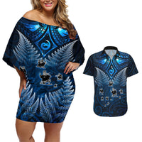 New Zealand Matariki Couples Matching Off Shoulder Short Dress and Hawaiian Shirt Maori Pattern and Kiwi Bird Haka Dance Sky Night LT03 Blue - Polynesian Pride