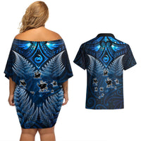 New Zealand Matariki Couples Matching Off Shoulder Short Dress and Hawaiian Shirt Maori Pattern and Kiwi Bird Haka Dance Sky Night LT03 - Polynesian Pride