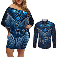New Zealand Matariki Couples Matching Off Shoulder Short Dress and Long Sleeve Button Shirt Maori Pattern and Kiwi Bird Haka Dance Sky Night LT03 Blue - Polynesian Pride
