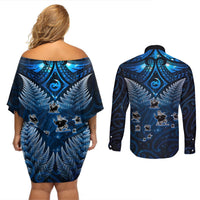 New Zealand Matariki Couples Matching Off Shoulder Short Dress and Long Sleeve Button Shirt Maori Pattern and Kiwi Bird Haka Dance Sky Night LT03 - Polynesian Pride