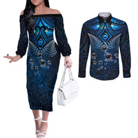 New Zealand Matariki Couples Matching Off The Shoulder Long Sleeve Dress and Long Sleeve Button Shirt Maori Pattern and Kiwi Bird Haka Dance Sky Night LT03 Blue - Polynesian Pride