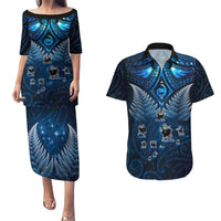 New Zealand Matariki Couples Matching Puletasi and Hawaiian Shirt Maori Pattern and Kiwi Bird Haka Dance Sky Night LT03 Blue - Polynesian Pride