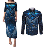 New Zealand Matariki Couples Matching Puletasi and Long Sleeve Button Shirt Maori Pattern and Kiwi Bird Haka Dance Sky Night LT03 Blue - Polynesian Pride