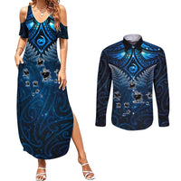 New Zealand Matariki Couples Matching Summer Maxi Dress and Long Sleeve Button Shirt Maori Pattern and Kiwi Bird Haka Dance Sky Night LT03 Blue - Polynesian Pride