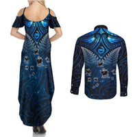 New Zealand Matariki Couples Matching Summer Maxi Dress and Long Sleeve Button Shirt Maori Pattern and Kiwi Bird Haka Dance Sky Night LT03 - Polynesian Pride