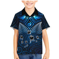 New Zealand Matariki Family Matching Mermaid Dress and Hawaiian Shirt Maori Pattern and Kiwi Bird Haka Dance Sky Night LT03 Son's Shirt Blue - Polynesian Pride