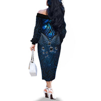 New Zealand Matariki Family Matching Off The Shoulder Long Sleeve Dress and Hawaiian Shirt Maori Pattern and Kiwi Bird Haka Dance Sky Night LT03 - Polynesian Pride