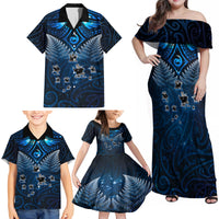 New Zealand Matariki Family Matching Off Shoulder Maxi Dress and Hawaiian Shirt Maori Pattern and Kiwi Bird Haka Dance Sky Night LT03 - Polynesian Pride