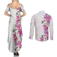 Hawaii Tropical Leaves and Flowers Couples Matching Summer Maxi Dress and Long Sleeve Button Shirt Tribal Polynesian Pattern White Style