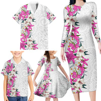 Hawaii Tropical Leaves and Flowers Family Matching Long Sleeve Bodycon Dress and Hawaiian Shirt Tribal Polynesian Pattern White Style LT03 - Polynesian Pride
