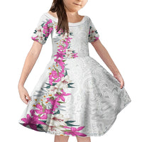 Hawaii Tropical Leaves and Flowers Family Matching Short Sleeve Bodycon Dress and Hawaiian Shirt Tribal Polynesian Pattern White Style LT03 Daughter's Dress White - Polynesian Pride