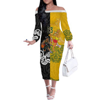 Aotearoa New Zealand And Australia Basketball Custom Off The Shoulder Long Sleeve Dress Maori Tribal Tattoo And Aboriginal Dot Art Heritage LT03 Women Multicolor - Polynesian Pride