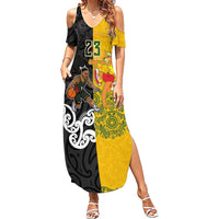 Aotearoa New Zealand And Australia Basketball Custom Summer Maxi Dress Maori Tribal Tattoo And Aboriginal Dot Art Heritage LT03 Women Multicolor - Polynesian Pride