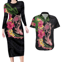 Hawaiian Tropical Plants Turtle and Shark Couples Matching Long Sleeve Bodycon Dress and Hawaiian Shirt Polynesian Art Tattoo LT03 Black - Polynesian Pride
