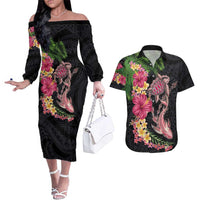 Hawaiian Tropical Plants Turtle and Shark Couples Matching Off The Shoulder Long Sleeve Dress and Hawaiian Shirt Polynesian Art Tattoo LT03 Black - Polynesian Pride