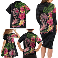 Hawaiian Tropical Plants Turtle and Shark Family Matching Long Sleeve Bodycon Dress and Hawaiian Shirt Polynesian Art Tattoo LT03 - Polynesian Pride