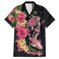 Hawaiian Tropical Plants Turtle and Shark Family Matching Off The Shoulder Long Sleeve Dress and Hawaiian Shirt Polynesian Art Tattoo LT03 Dad's Shirt - Short Sleeve Black - Polynesian Pride